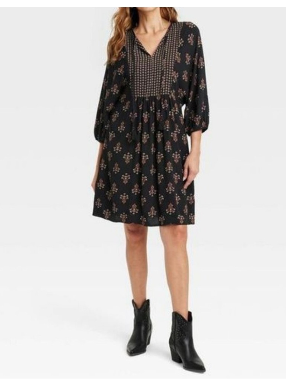 Knox Rose Boho Peasant Dress XXL Black Floral Tassel Tie Long Sleeves